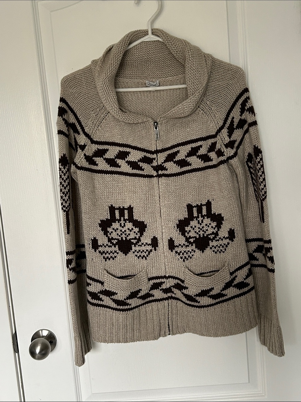 Kismet Beige and Black Shawl Collar Zip Cardigan